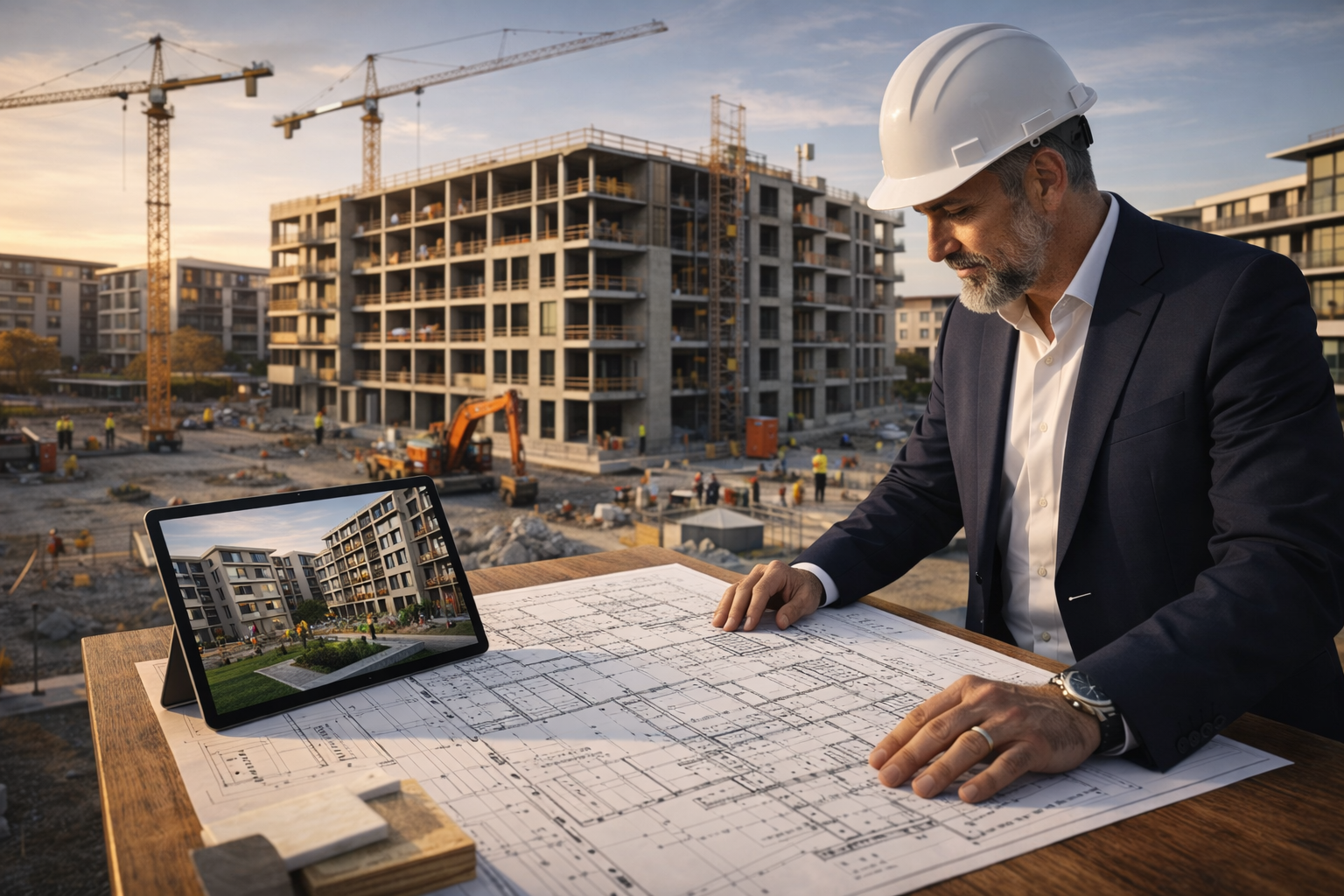 Multifamily residential construction in Texas featuring apartment building development, project manager reviewing plans, and large-scale construction site.